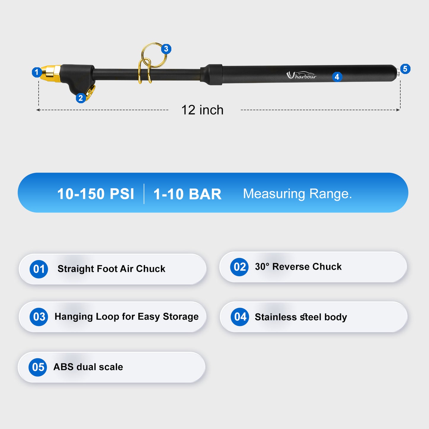 Dual Head Tire Pressure Gauge 10-150PSI, Heavy Duty Semi Truck Tire Pressure Gauge 1-10 Bar, Air Pressure Gauge for Tires Extended Tube for Semi Truck, RV, Car, Motorcycle