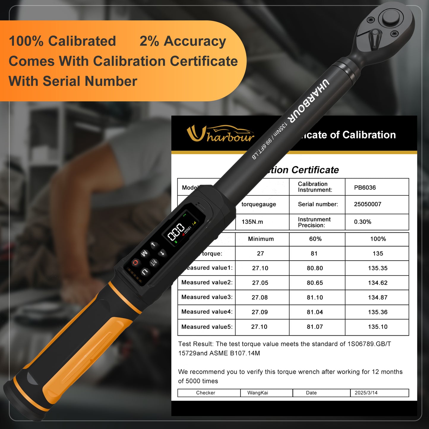 Uharbour Digital Torque Wrench 3/8 Drive, 1.5-99.5 ft-lbs./6.8-135Nm Range, Electric Torque Wrench with Dual Direction Ratchet, ±1% Accuracy with Vibration, Buzzer and LED Alert