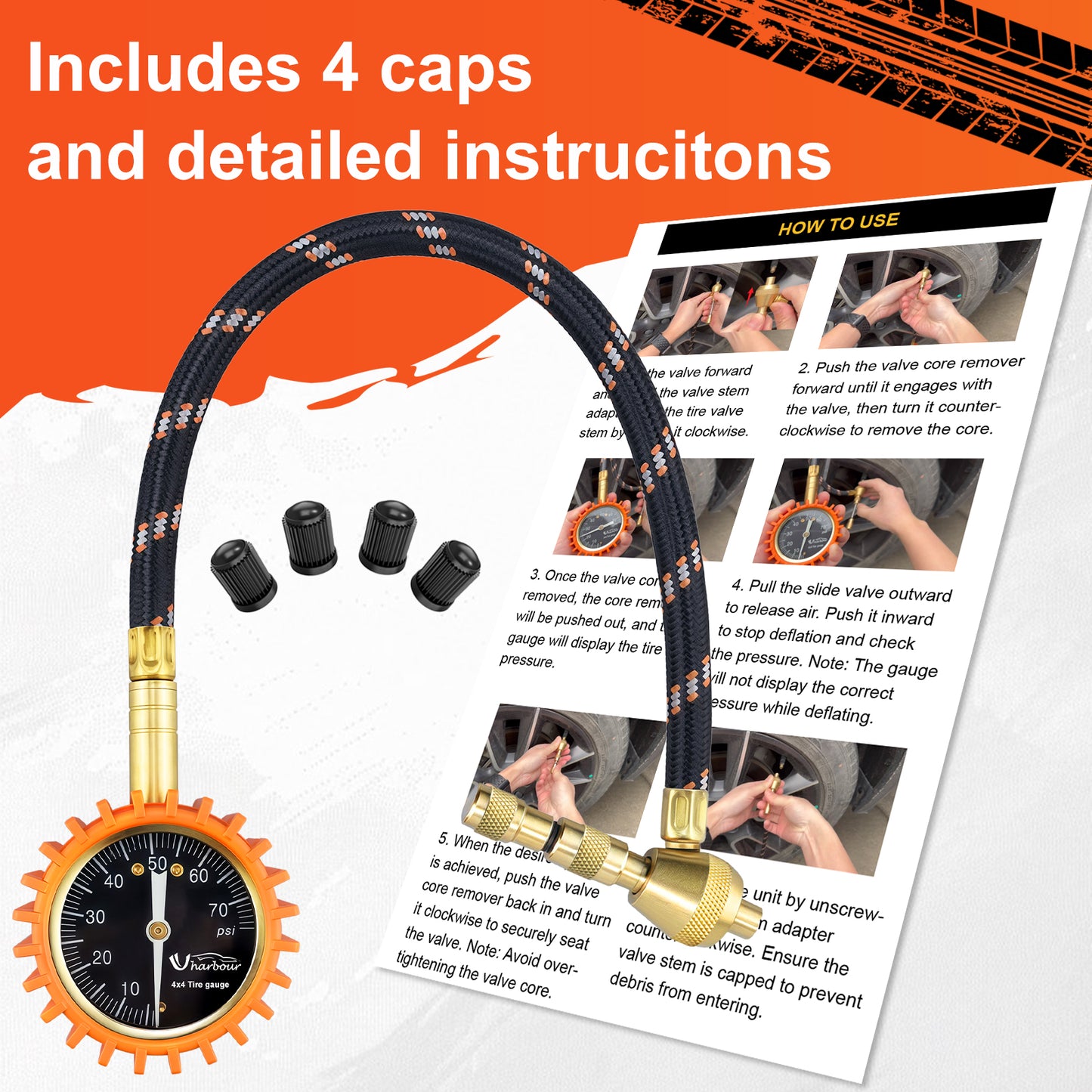 4X4 Rapid Air Down Tire Deflator with Gauge (0-75PSI) ， 2" Easy Read Glow Dial & Solid Brass Hardware-Automatic Tire Air Down Tool for Jeep, Truck or ATV